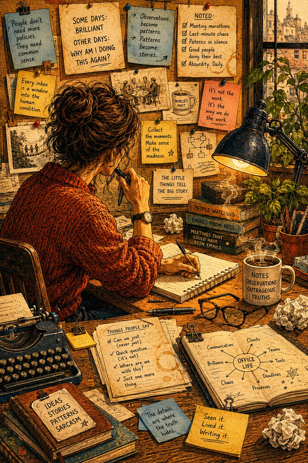A writer's desk: cork board covered in observations, notes, and ideas; books stacked beneath