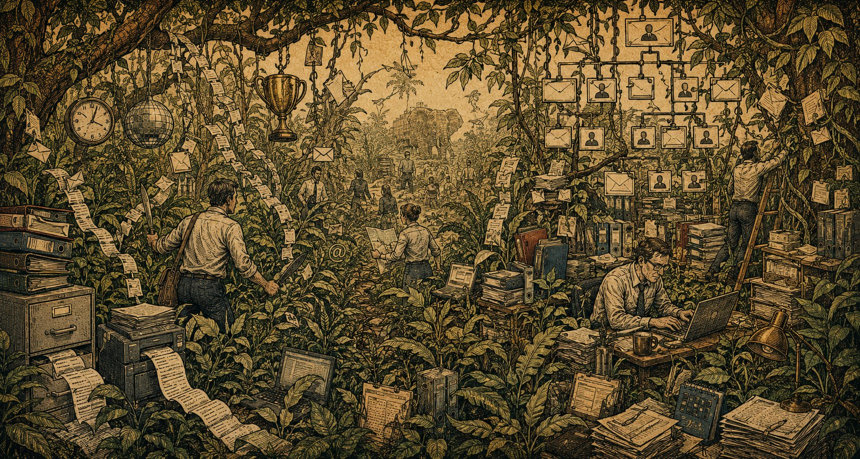 The landscape of modern marketing — an illustrated jungle of filing cabinets, org charts and laptops, all hung from trees